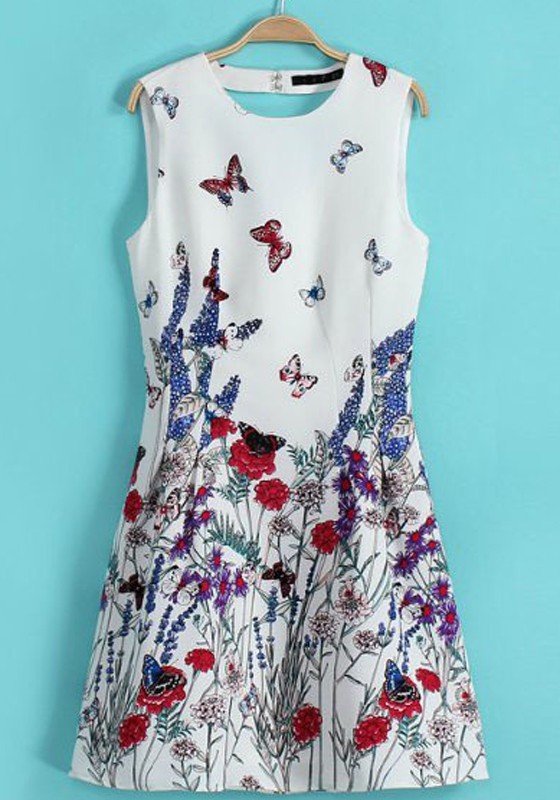 white-butterfly-print-round-neck-sleeveless-chiffon-dress