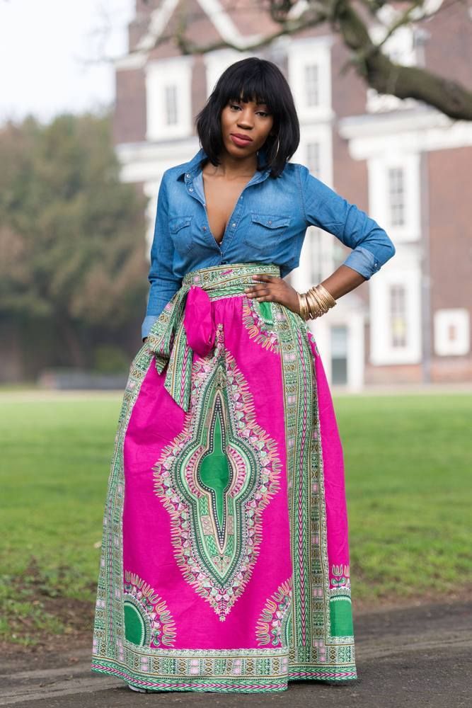 denim shirt with african print skirt