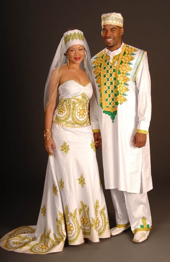 Bride and groom in unconventional wedding attire