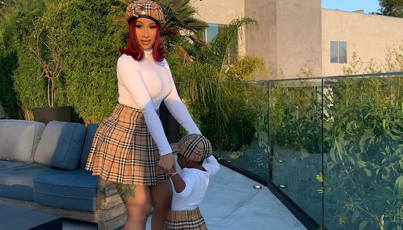 cardi-b-twin-with-baby-kulture-in-Burberry-Skirt
