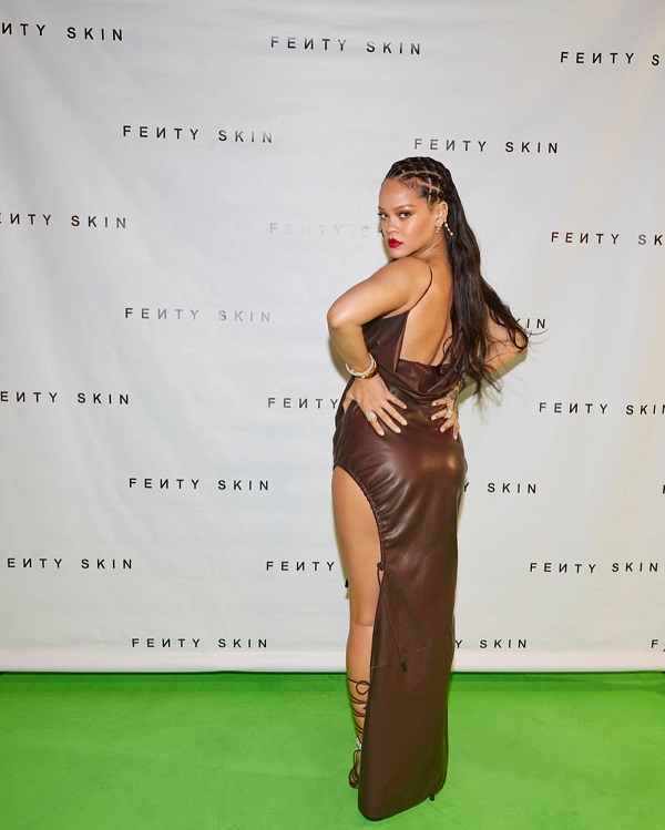 Rihanna Wears A Slip Dress And Flat Twist Hairdo For Fenty Skincare Pre-launch Party