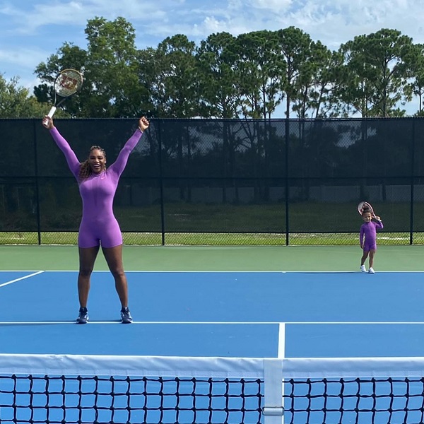 Serena Williams twinning with daughter Olympia Alexis in purple bodysuit