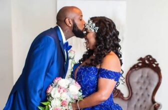 Bride and Groom wearing unconventional blue wedding dress - photo