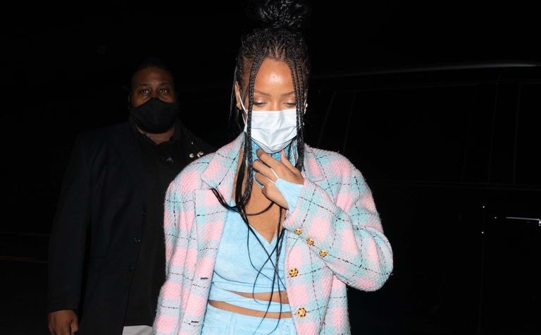 Rihanna Wearing Pastel Blue and Pink Outfit