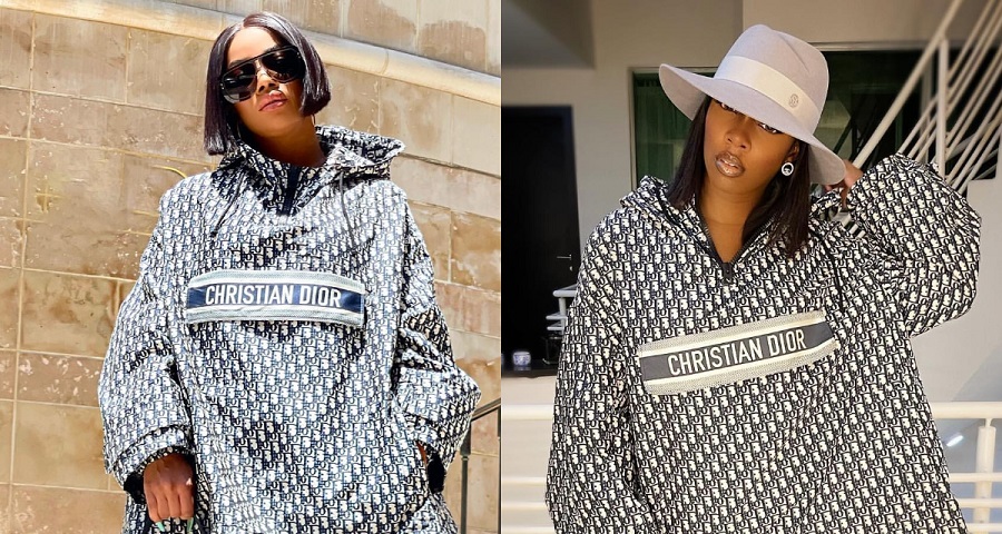 Tiwa Savage Twins Toke Makinwa In Dior Monogrammed Hooded Mini Dress