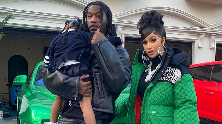 Cardi B Wears an All-Black and Green Look With Oversized Hoops Earrings