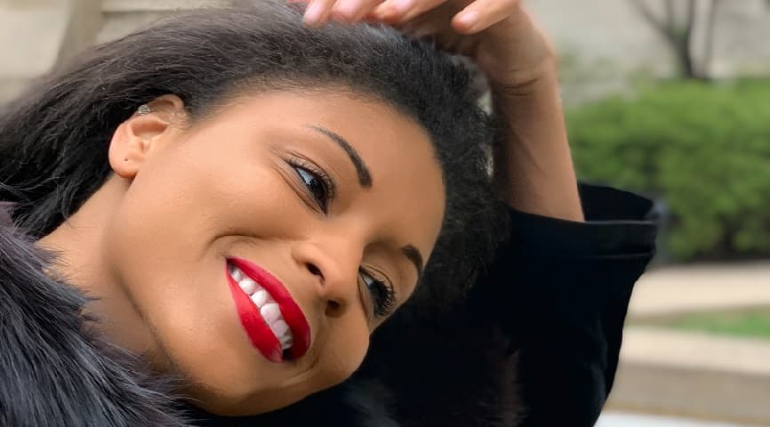 smiling woman wearing red lipstick image