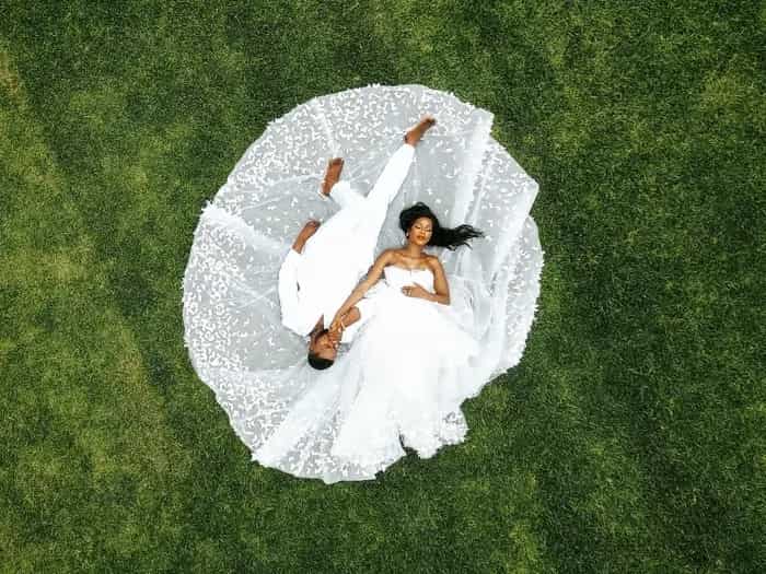 Aerial View of bride wedding dress