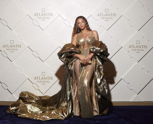 Beyonce Dolce & Gabbana Red Carpet Look During Her Performance at the grand opening of the ultra-luxury hotel Atlantis the Royal in Dubai