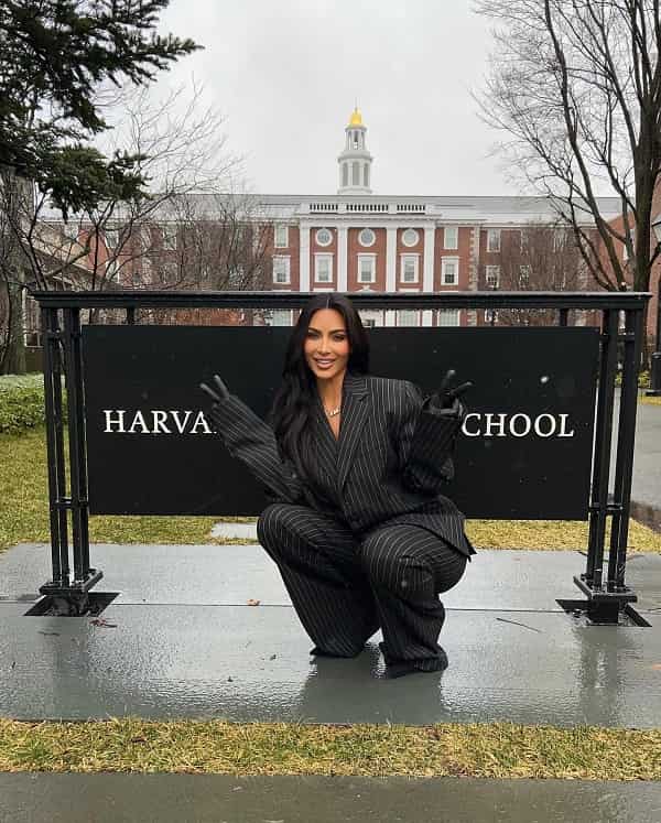 Kim Kardashian visits Harvard Business School in Pinstripe Pantsuit