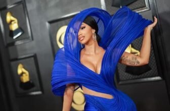 Cardi B Electric blue gown Grammys 2023 red carpet look