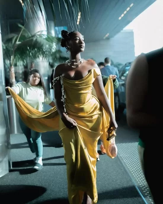 Nigerian singer Tems in her beautiful mustard dress during the 2023 Grammy Awards - Fashion Police Nigeria