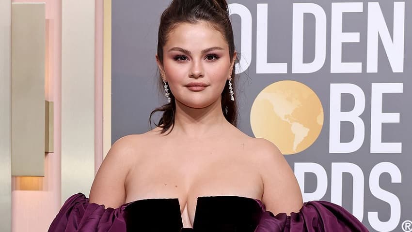Selena Gomez 2023 Gold Globe Dress - Fashionpoliceng.com