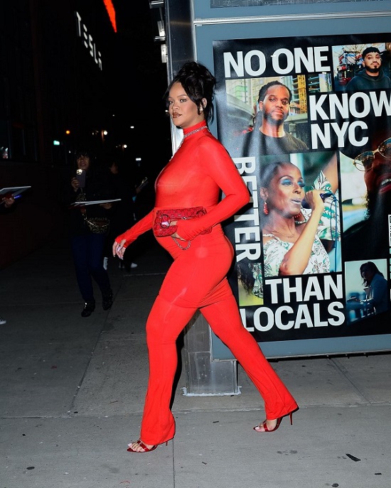 Rihanna in Alaia red bodysuit and matching pants - Fashion Police NG