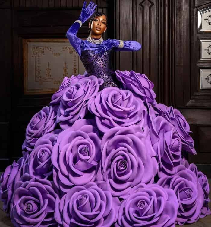 Sandra Essiene drapped in 3D Floral Dress