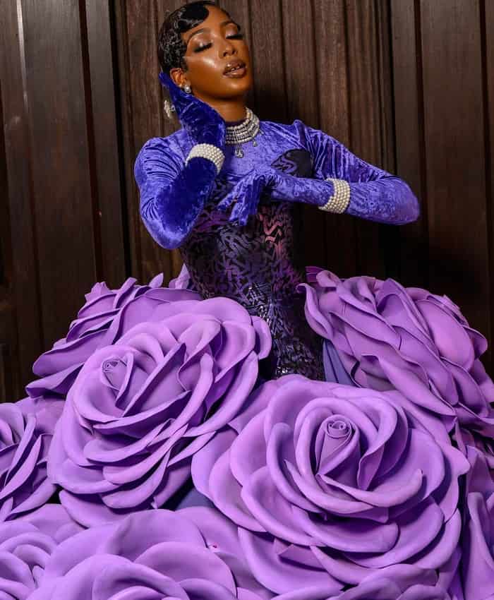 Sandra Essiene drapped in 3D Floral Dress