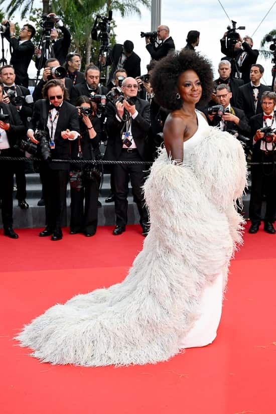 Viola Davis wears a feather Valentino gown to attend the screening of “Monster” at Cannes Film Festival Festivals on May 17 in Cannes, France.