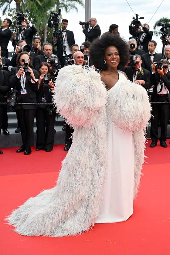 Viola Davis wears a feather Valentino gown to attend the screening of “Monster” at Cannes Film Festival Festivals on May 17 in Cannes, France.