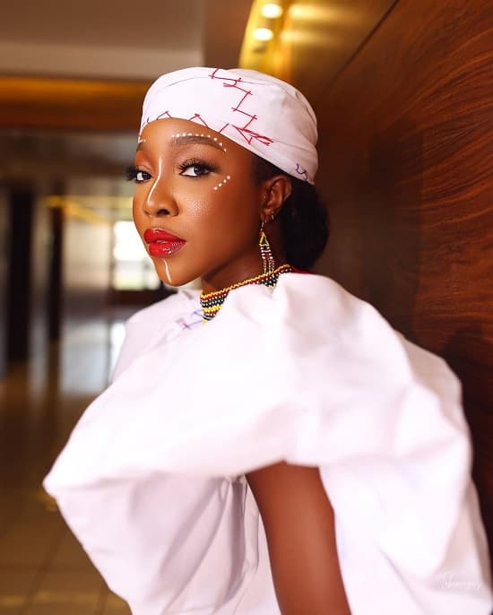 Ini Dima-Okojie Nollywood actress attends the 2023 (9th edition) African Magic Viewers Choice Awards cultural day wearing Fulani inspired dress photo- Fashion Police Nigeria