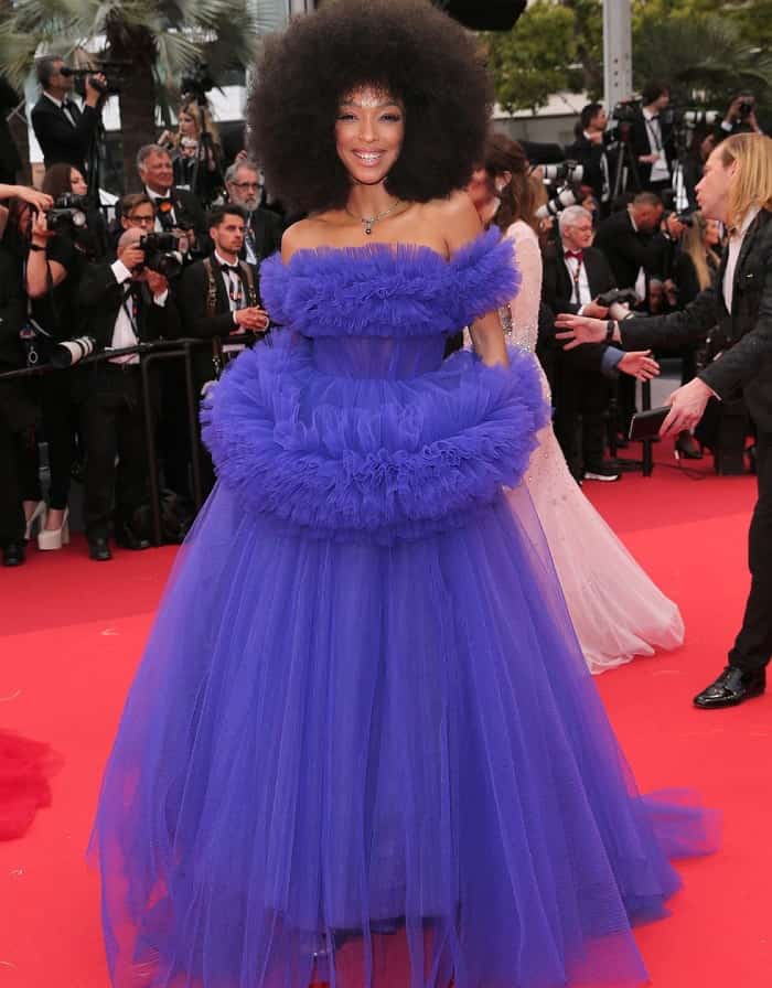 Ophély Mézino in a puffy off-the-shoulder tulle gown
