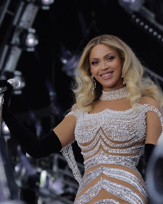 Beyonce wore a lavishly pearled Georges Hobeika catsuit dress for the ongoing Renaissance World Tour at the RheinEnergieStadion in Cologne, Germany