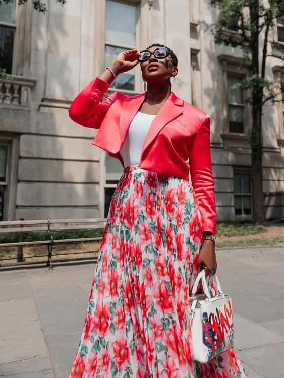 Stephanie Okereke-pink jacket maxi skirt Tribeca film festival