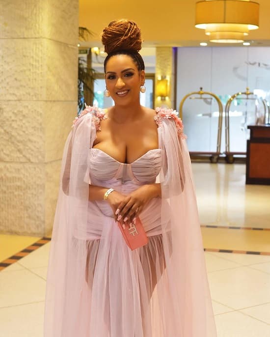 Juliet Ibrahim attends Betty Irabo 40th wedding anniversary in sheer pink gown in Lagos, Nigeria - Fashion Police Nigeria