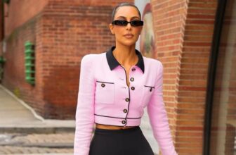 Kim Kardashian croped pink chanel jacket with leggings outfit photo New York City - Fashion Police Nigeria