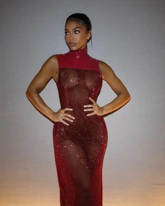 Lori Harvey see-through red dress during Spring-Summer 2024 New York Fashion Week, September, 2023