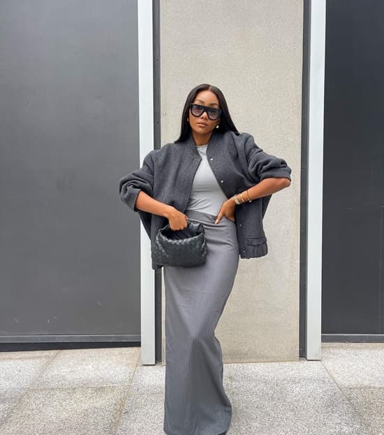 black woman wearing a monochrome grey outfit - Fashion Police Nigeria