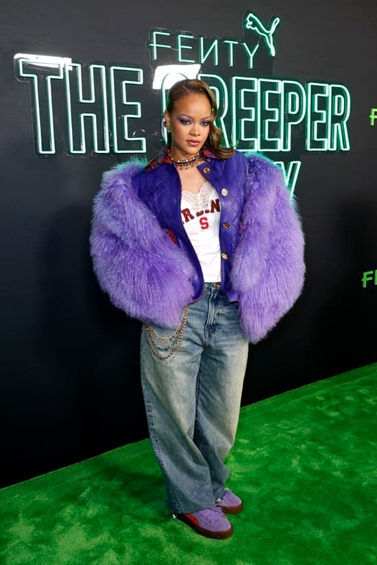 Rihanna purple outfit photo for Fenty x Puma sneaker launch party in Los Angeles - Fashion Police Nigeria