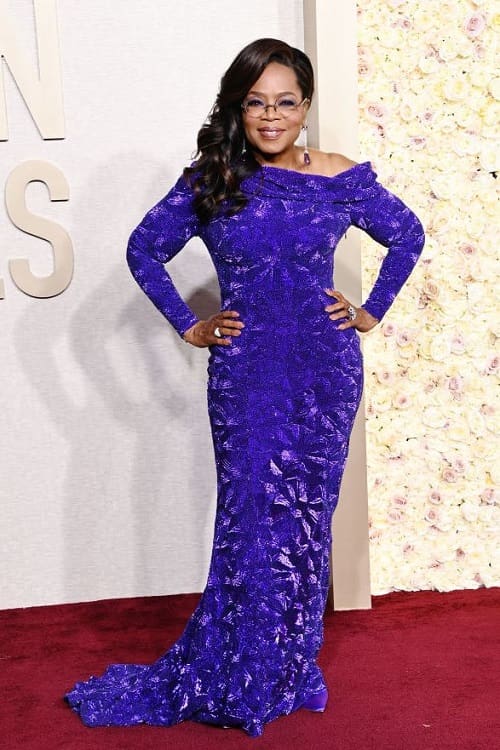 Oprah Winfrey's Golden Globes Purple LV Gown Took Over 400 Hours to ...