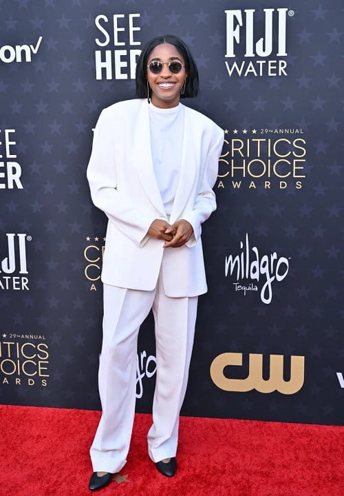 Photo of Ayo Edebiri Wearing A casual white suit on red carpet-Fashion Police Nigeria