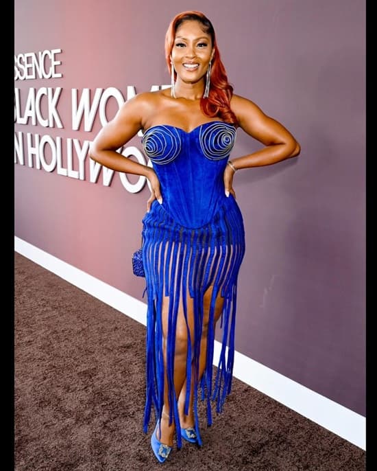 Osas Ighodaro Pretty Fringe Blue Dress at the Essence Black Women in Hollywood Awards - Fashion Police Nigeria