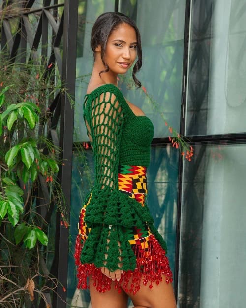Or’Noir green crochet dress mixed with matching kente fabric.
