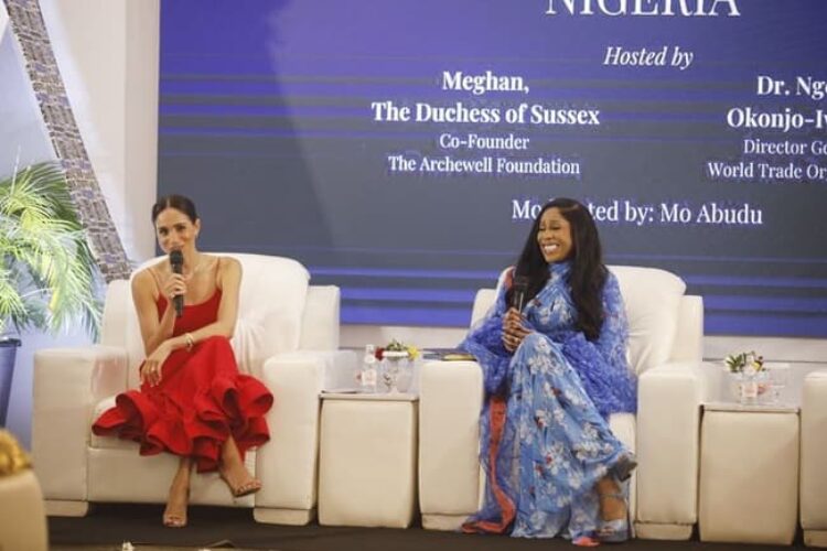 Meghan Markle attends the Women in Leadership Nigeria panel, wearing a red gown by a Nigerian designer, Orire - Fashion Police Nigeria