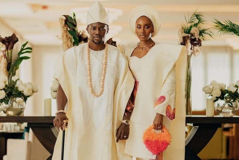 Bride and Groom wearing matching aso oke - Fashion Police Nigeria