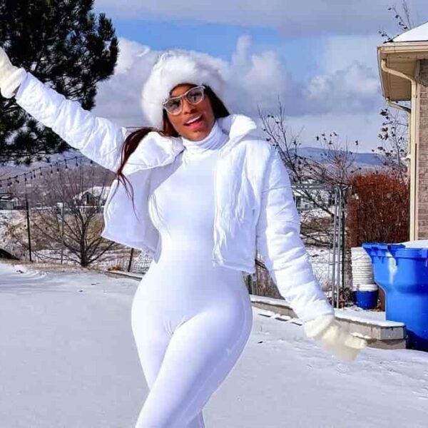 Photo of Chika Ike wearing a white skintight bodysuit to show off her post-baby body - Fashion Police Nigeria