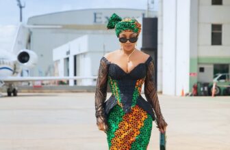 Photo of Toke Makinwa wearing a beautiful Ankara dress with matching head-tie - Fashion Police Nigeria
