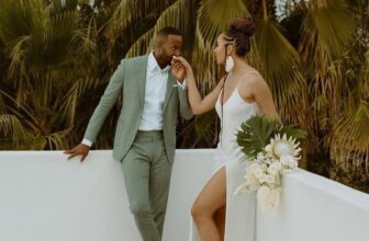 Photo of a couple wearing sage green and cream colour combination during their wedding photoshoot - Fashion Police Nigeria