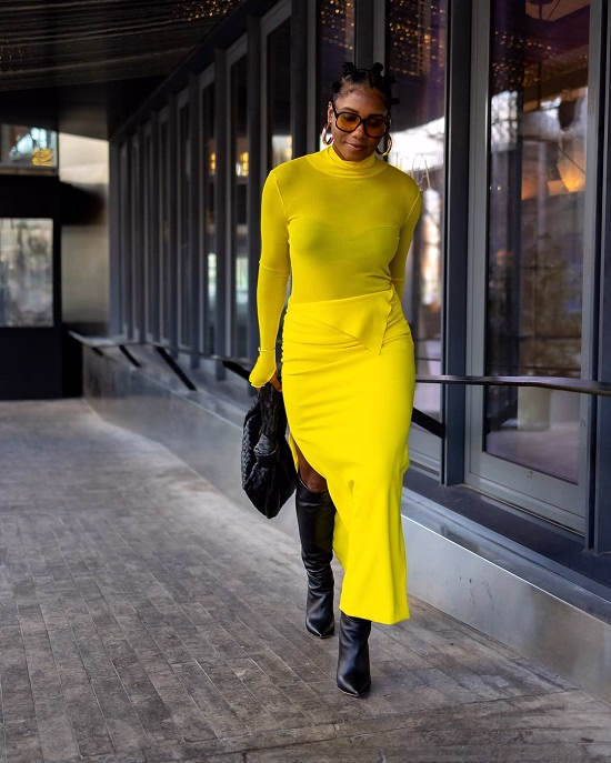 Photo of African American woman wearing a monochrome yellow and black look - Fashion Police Nigeria