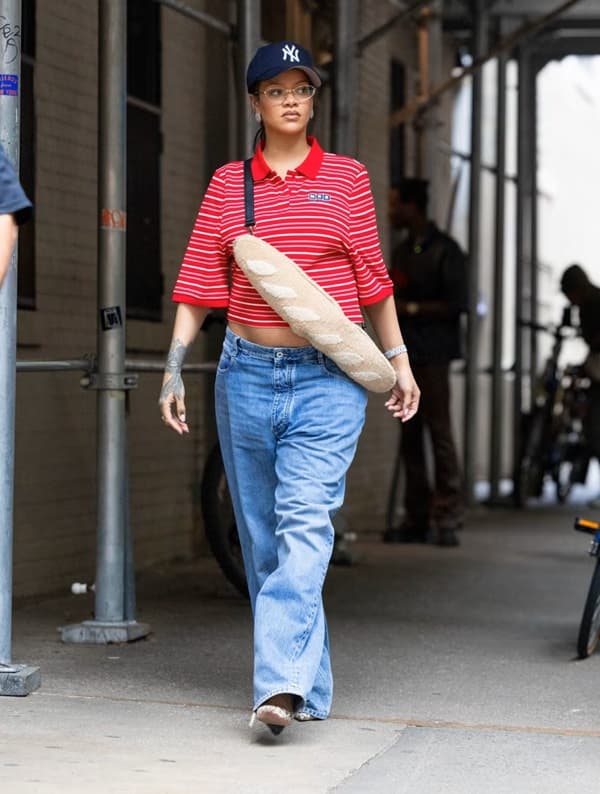 Rihanna Flashes Her New Baby Bump in a Cropped Striped Polo and Denim Pants