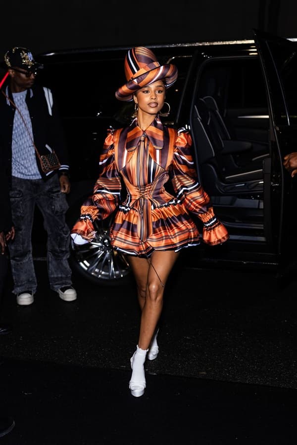 Tyla Wears a Vibrant Tolu Coker Minidress and a Statement Hat Ahead of Met Gala