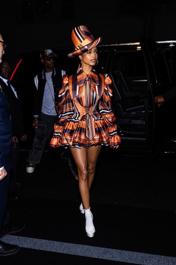 Tyla Wears a Vibrant Tolu Coker Minidress and a Statement Hat Ahead of Met Gala
