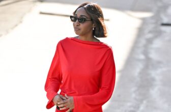 Ayo Edebiri is photographed in Los Angeles walking her dog in a little red dress and black high heels - Fashion Police Nigeria