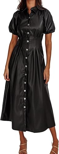 Ezapine Womens Faux Leather Lapel Collared Pleated Button Down Short Sleeve Tunic Midi Dress Casual A-line Long Dress (1)
