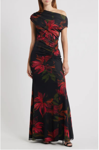 Vince Camuto Floral One-Shoulder Mesh Gown