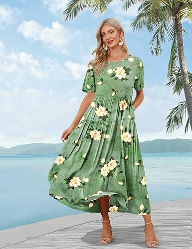 YESNO Women Casual Loose Bohemian Floral Dress with Pockets Short Sleeve Long Maxi Summer Beach Swing Dress EJF (1)