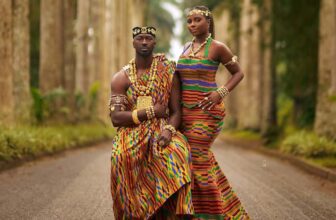 photo of a couple on kente fabric - Fashion Police Nigeria