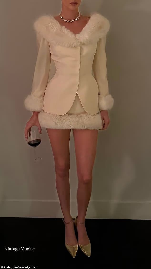 Kendall Jenner wearing furry blazer and mini skirt for Christmas eve party look - Fashion Police Nigeria